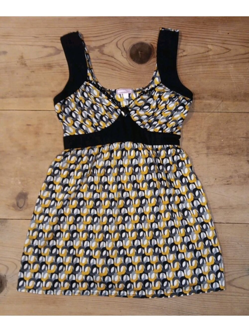Y2K Vol 1 Babydoll Tank Top Junior L Black Yellow Fitted Chest Sequin Waist Tie